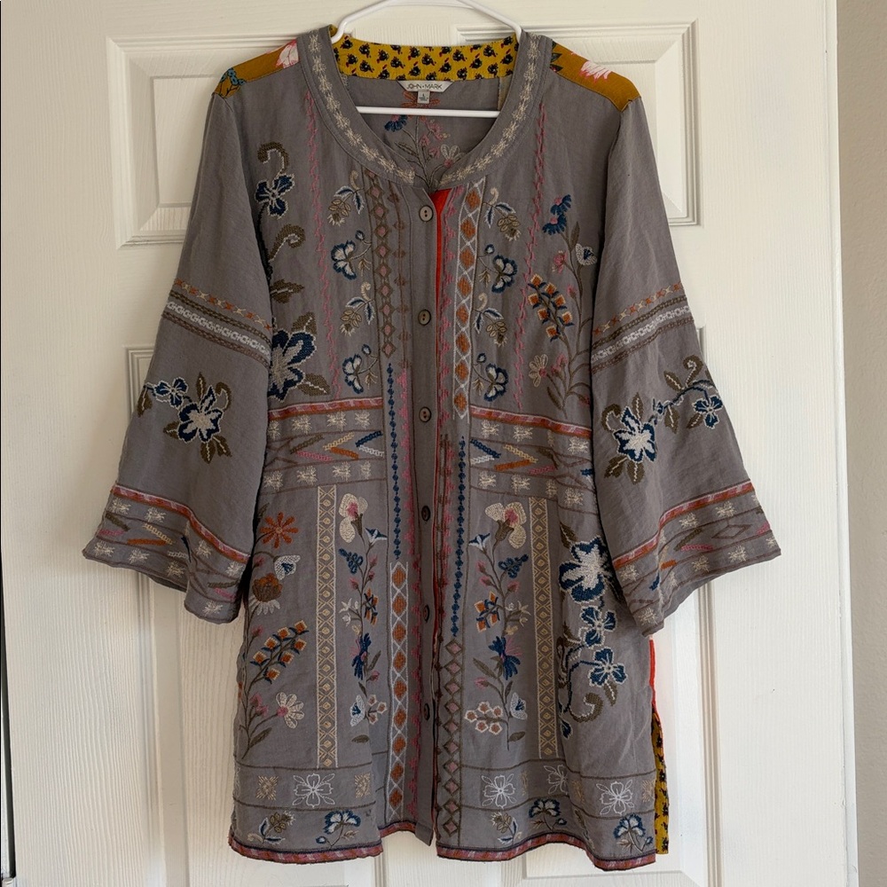 John Mark Anthropologie Floral Embroidered Mixed Media Top Tunic Multicolor
